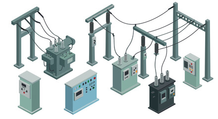 Fototapeta premium Isometric power substation with transformers and control panels in modern design