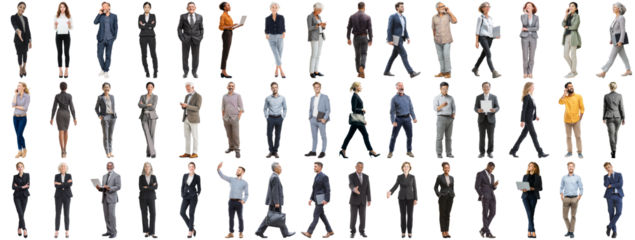Set of business people in various actions on isolated background. Businesspeople, businesswomen, businessmen office worker in full body length studio professional shot in casual and formal wear