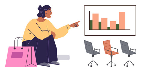 Woman sitting and gesturing toward a bar graph on display, accompanied by three office chairs and a shopping bag. Ideal for data analysis, business, office, shopping, planning, decision-making