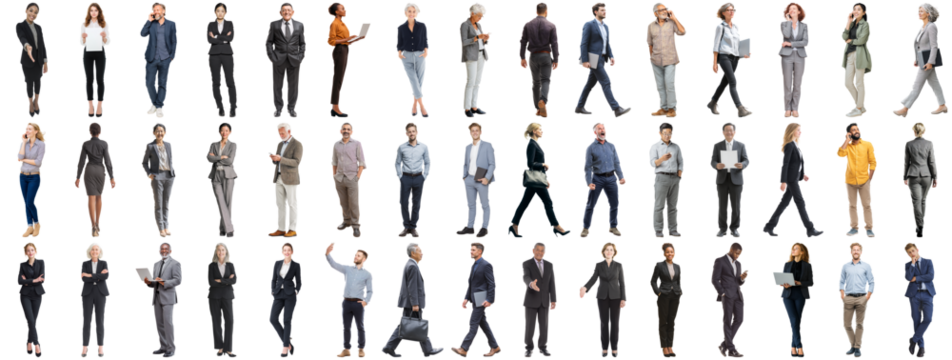 Set of business people in various actions on isolated background. Businesspeople, businesswomen, businessmen office worker in full body length studio professional shot in casual and formal wear