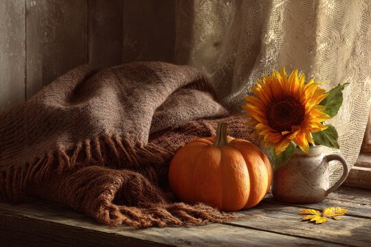 Autumn Still Life - Pumpkin, Sunflower, and Rustic Charm by Window Light.