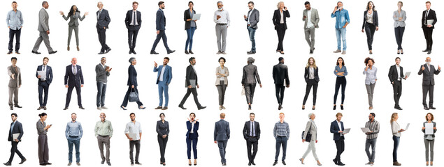 Set of business people in various actions on isolated background. Businesspeople, businesswomen, businessmen office worker in full body length studio professional shot in casual and formal wear