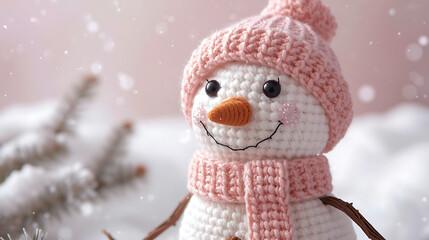 A whimsical portrait of a cheerful pink crochet-style snowman in a soft winter scene with falling snowflakes, pastel tones, and delicate festive details. High-resolution and commercial-ready.