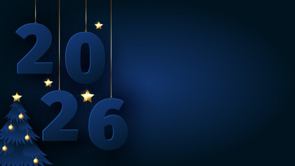 New year 2026 card with digits, christmas tree and gold shining stars on navy background