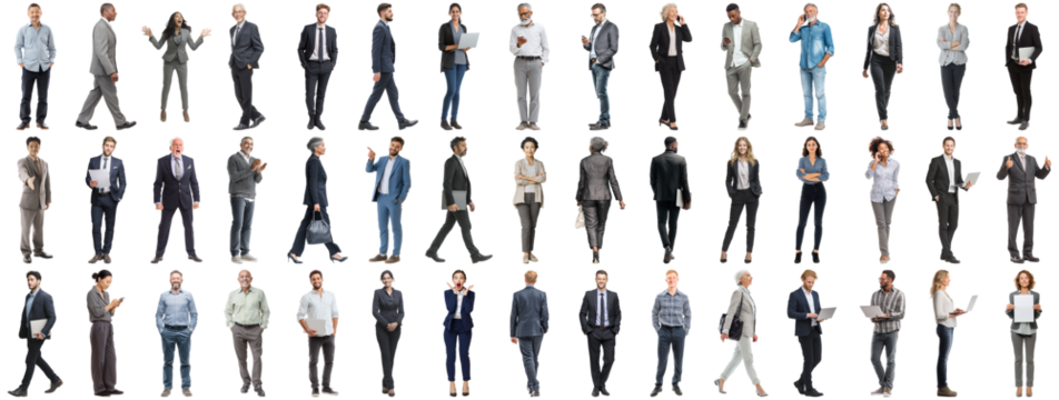 Set of business people in various actions on isolated background. Businesspeople, businesswomen, businessmen office worker in full body length studio professional shot in casual and formal wear