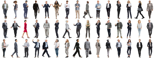 Set of business people in various actions on isolated background. Businesspeople, businesswomen, businessmen office worker in full body length studio professional shot in casual and formal wear