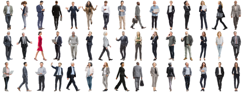 Set of business people in various actions on isolated background. Businesspeople, businesswomen, businessmen office worker in full body length studio professional shot in casual and formal wear
