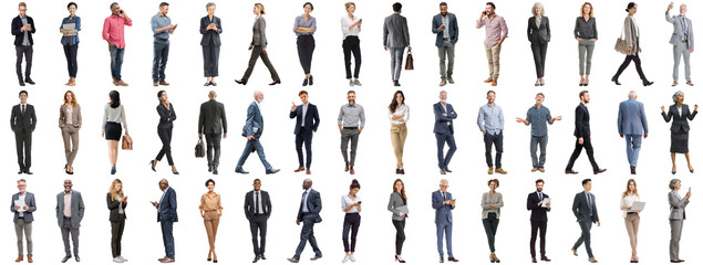Fototapeta na wymiar Set of business people in various actions on isolated background. Businesspeople, businesswomen, businessmen office worker in full body length studio professional shot in casual and formal wear