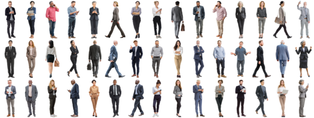 Set of business people in various actions on isolated background. Businesspeople, businesswomen, businessmen office worker in full body length studio professional shot in casual and formal wear