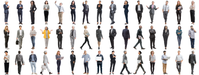 Set of business people in various actions on isolated background. Businesspeople, businesswomen, businessmen office worker in full body length studio professional shot in casual and formal wear