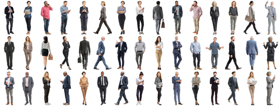 Set of business people in various actions on isolated background. Businesspeople, businesswomen, businessmen office worker in full body length studio professional shot in casual and formal wear