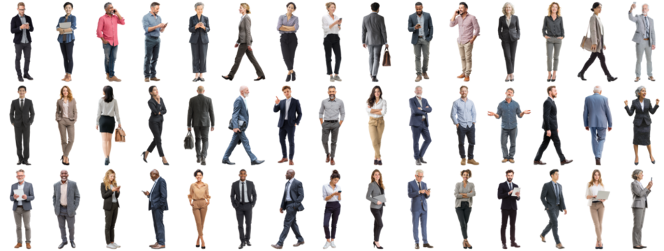 Set of business people in various actions on isolated background. Businesspeople, businesswomen, businessmen office worker in full body length studio professional shot in casual and formal wear - Powered by Adobe