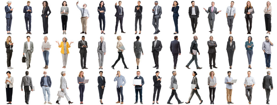 Set of business people in various actions on isolated background. Businesspeople, businesswomen, businessmen office worker in full body length studio professional shot in casual and formal wear