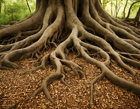 A close up of tree roots that are black and brown. The roots are twisted and gnarled, giving the impression of a tangled mess. Scene is one of mystery and intrigue, tree roots in the ground