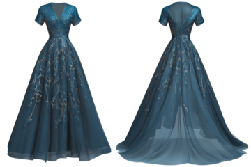 Sophisticated Dark Blue Gown with Embellishments Front and Back View
