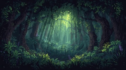 Fototapeta premium Mystical Dense Forest At Twilight With Ethereal Green Beams In Pixel Art