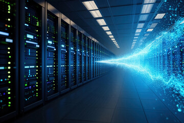 Data center filled with server racks showing glowing blue lines of energy in a futuristic technology setup during nighttime