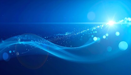 Abstract blue background featuring flowing light, particles, and lens flares