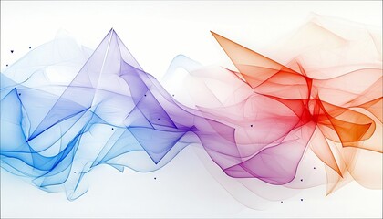 A dynamic abstract composition featuring translucent, flowing waves of geometric shapes transitioning from blue to purple and then to red and orange, set agains