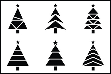 Geometric christmas tree icons with stars, holiday collection isolated on white background, Vector