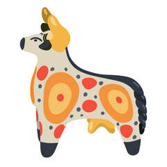 Sculpture of Dymkovsky toy. Cow, bull, buffalo, taurus. Russian toys. Folk creation.