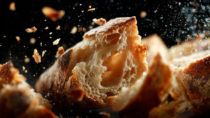 Close-up of freshly baked crusty bread breaking apart with flying crumbs. Artisan bakery concept, homemade food, freshness, texture, and the beauty of simple ingredients