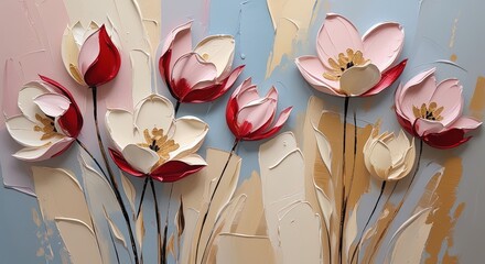 Abstract floral oil painting with impasto. Red tulip-like flowers in pink, cream, and red with gold centers on slender stems. Textured blue, cream, and golden-brown background with palette knife.