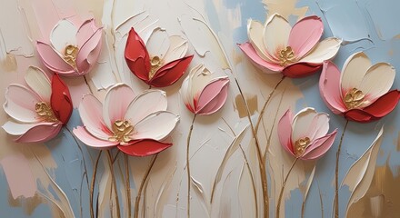 Abstract floral oil painting with impasto. Red tulip-like flowers in pink, cream, and red with gold centers on slender stems. Textured blue, cream, and golden-brown background with palette knife.