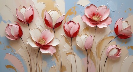 Abstract floral oil painting with impasto. Red tulip-like flowers in pink, cream, and red with gold centers on slender stems. Textured blue, cream, and golden-brown background with palette knife.