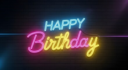 Neon Happy Birthday Sign on Dark Background
