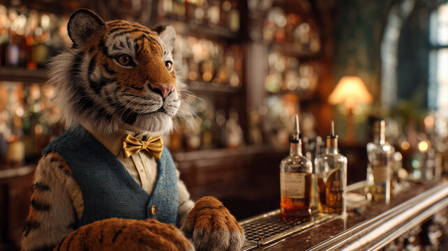 Anthropomorphic tiger bartender wearing an elegant vest and bow tie stands behind a bar counter surrounded by bottles. Fantasy animal character, nightlife, and creative concept art