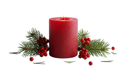 A vibrant red candle is adorned with verdant fir branches and bright red berries, evoking a cozy and cheerful holiday spirit isolated on transparent background