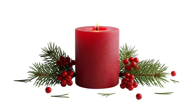 A vibrant red candle is adorned with verdant fir branches and bright red berries, evoking a cozy and cheerful holiday spirit isolated on transparent background