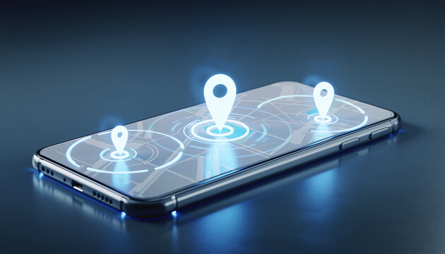 Smartphone with Holographic Location Pins and Futuristic Digital Navigation Map
