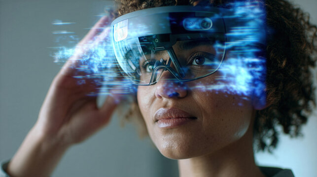 Exploring augmented reality technology with a user wearing smart glasses in a modern tech environment