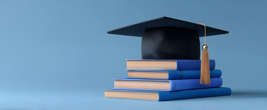 The graduation cap atop blue books ignites pride and the joy of success