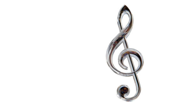 Reflective silvery treble clef on transparent background for music design