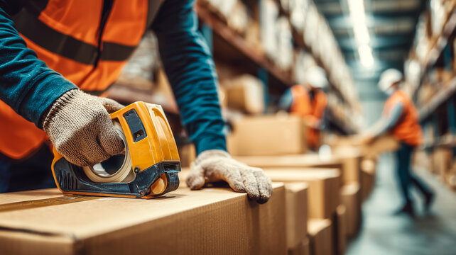 Warehouse worker sealing cardboard boxes with tape dispenser. Logistics and shipping concept with people in safety vests working in distribution center. Industrial and delivery background - Powered by Adobe