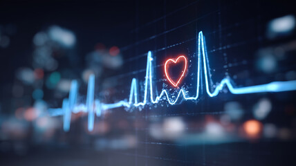 Futuristic digital cardiogram with glowing blue heartbeat line and red heart icon on screen, symbolizing health monitoring, cardiology technology, and modern medical innovation