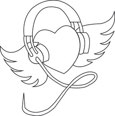Winged Heart with Headphones Outline Vector Illustration