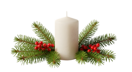 A festive white candle is surrounded by vibrant green fir branches and bright red berries, creating a warm and inviting holiday atmosphere isolated on transparent background