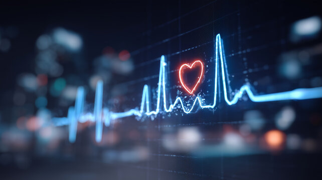 Futuristic digital cardiogram with glowing blue heartbeat line and red heart icon on screen, symbolizing health monitoring, cardiology technology, and modern medical innovation
