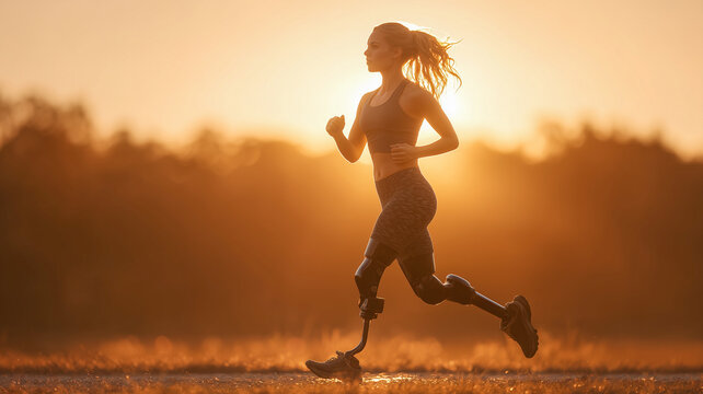 Athletic woman with prosthetic running blades jogging at sunrise. Inspiring scene of determination, strength, and fitness, symbolizing motivation, resilience, and empowerment