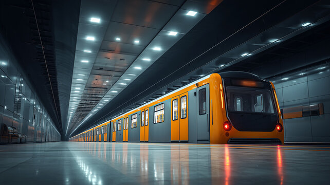 Modern subway station with sleek architectural design and a yellow train stopped at the platform. Futuristic, clean, and minimalistic metro environment with bright lighting and reflections