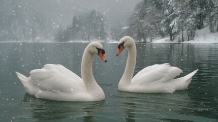 Fototapeta premium White swans elegantly glide across a tranquil winter lake, creating a stunning scene amidst falling snowflakes. Their presence brings calmness to the chilly landscape