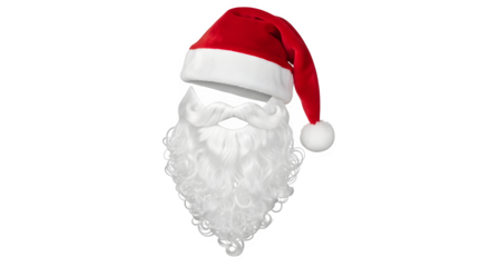 Santa claus hat and beard isolated on transparent background, a festive accessory for christmas celebrations, embodying the spirit of the holiday season with its iconic red and white design