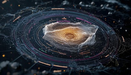 A swirling, luminous cloud of energy with intricate concentric digital rings and data streams radiating outwards against a dark background.