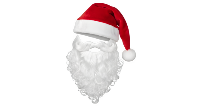 Santa claus hat and beard isolated on transparent background, a festive accessory for christmas celebrations, embodying the spirit of the holiday season with its iconic red and white design
