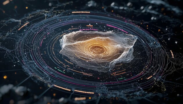 A swirling, luminous cloud of energy with intricate concentric digital rings and data streams radiating outwards against a dark background.