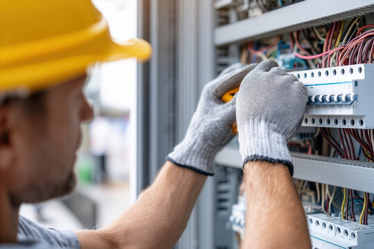 Electrician repairs control panel in a commercial building during daytime with focus on safety and precision in wiring tasks